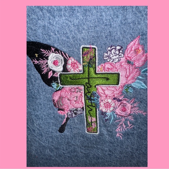 Butterfly Faith Cross Floral Embroidered Light Denim Distressed Shirt - Picture 3 of 6